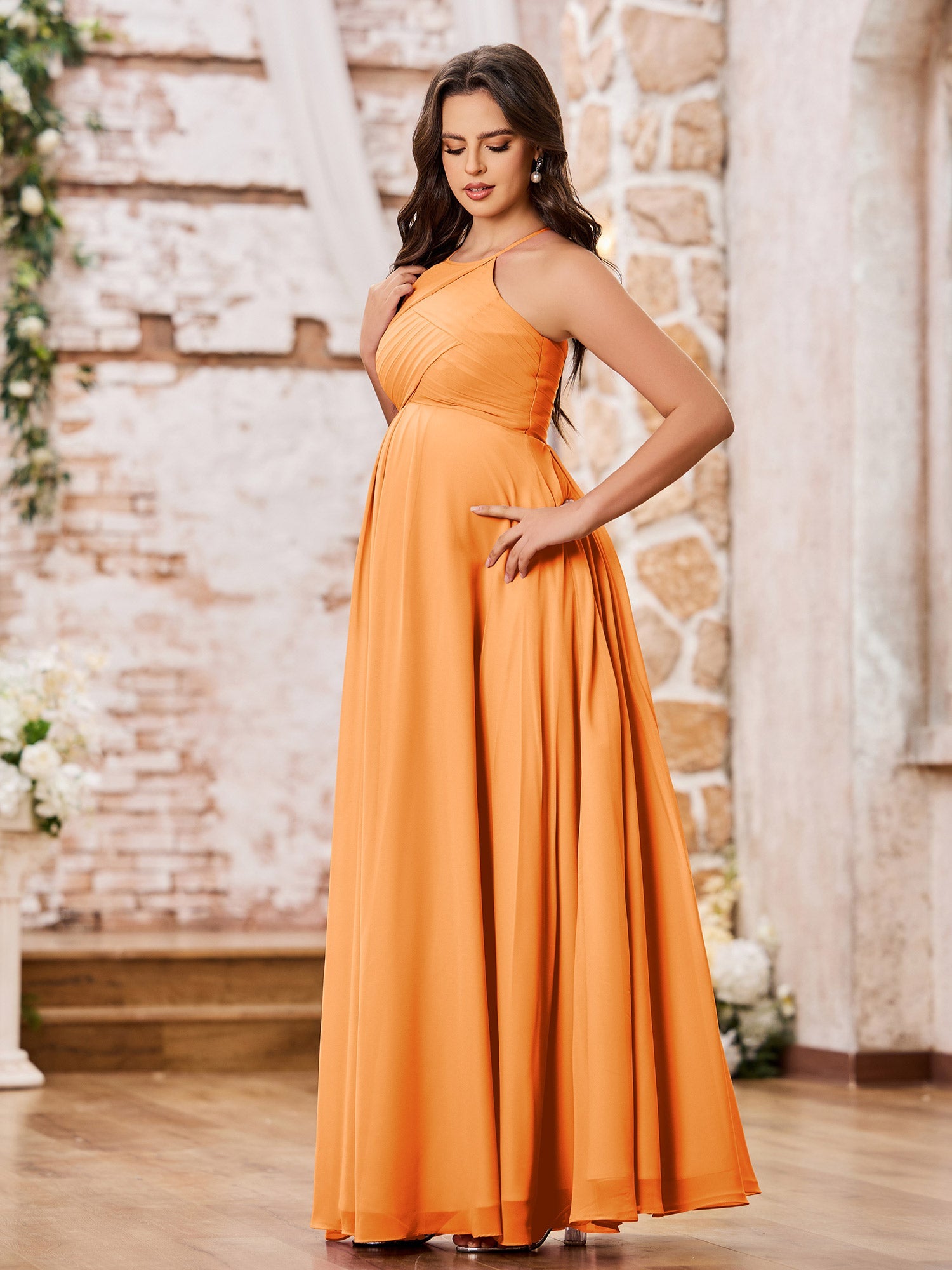 Stunning A-line Halter Empire Floor Length Chiffon Bridesmaid Gowns Orange
